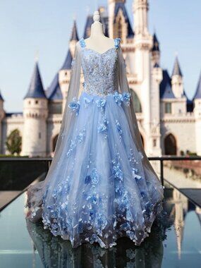 Elegant Light Blue Floral Appliqué Wedding Dress Fits 10-20